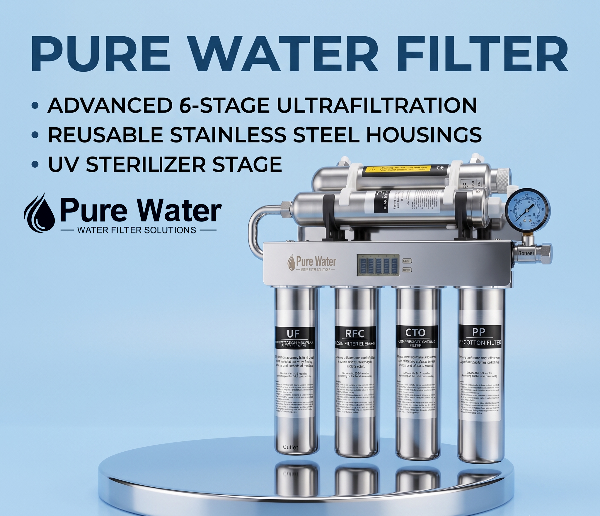 Pure Water 6-Stage Stainless Steel Water Filtration System | UV Sterilization